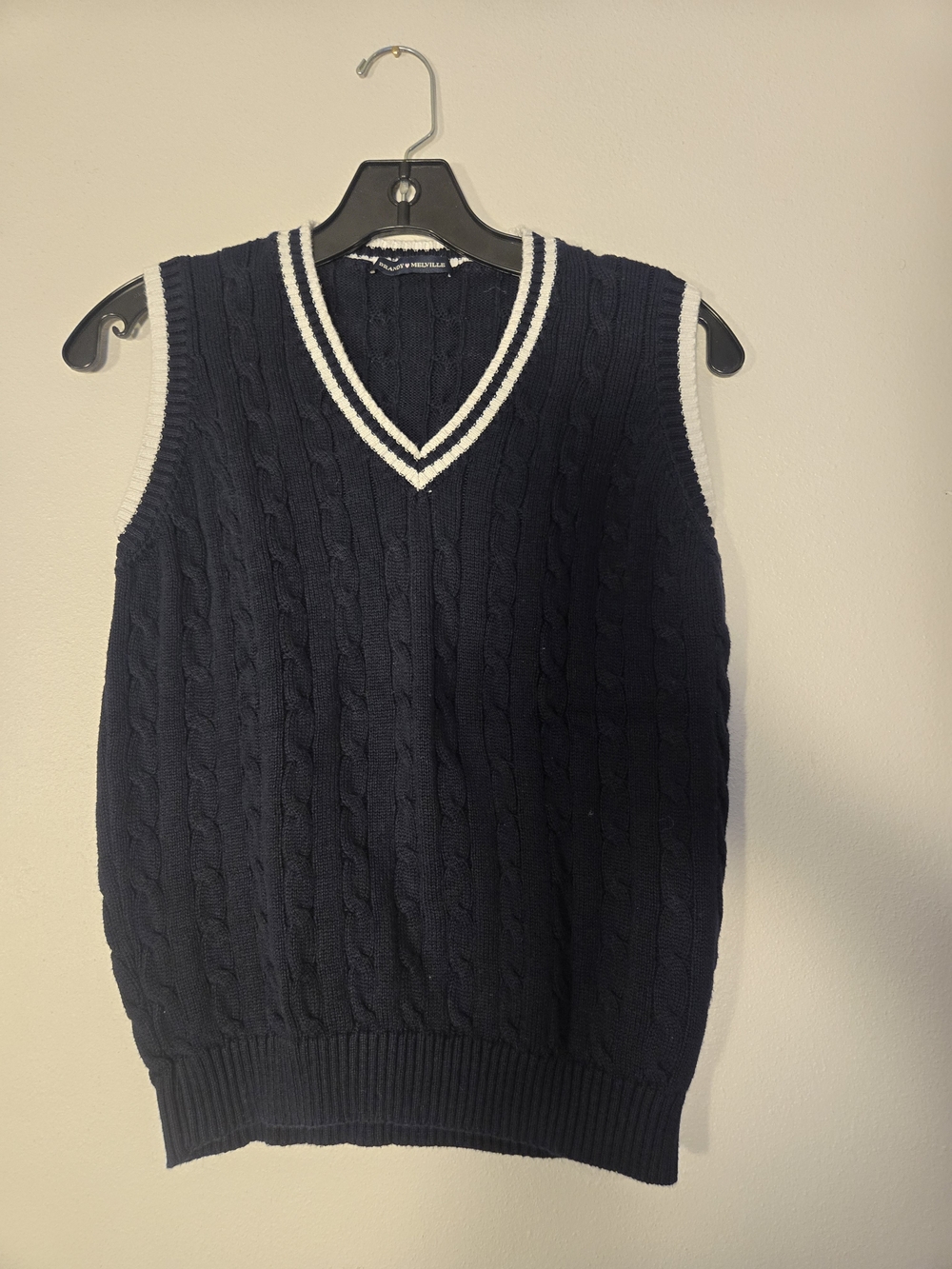 Brandy Melville Navy V-Neck Cable Knit Sweater Vest with White Trim